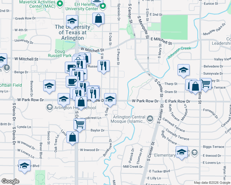 map of restaurants, bars, coffee shops, grocery stores, and more near 1335 South Pecan Street in Arlington