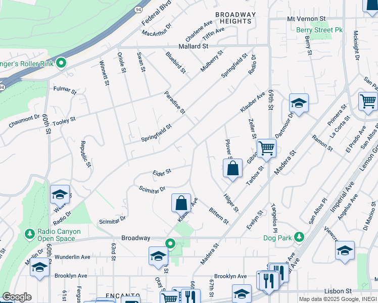 map of restaurants, bars, coffee shops, grocery stores, and more near 1640 Klauber Avenue in San Diego