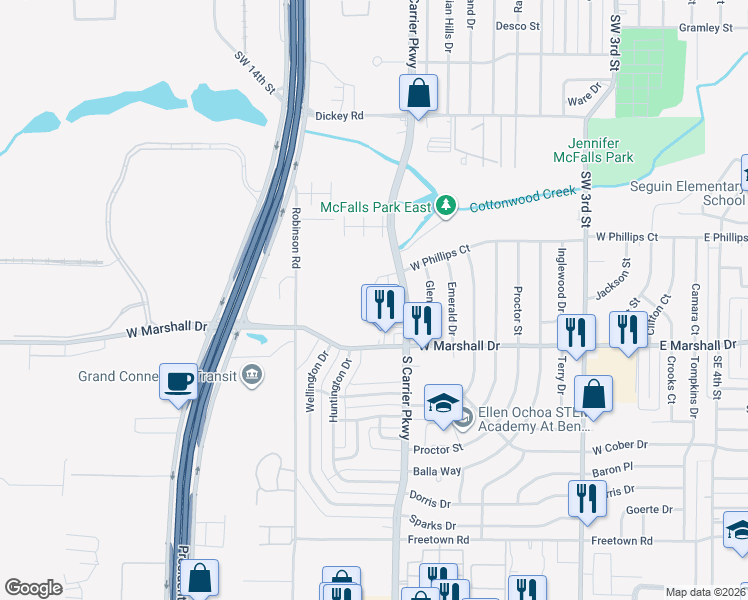 map of restaurants, bars, coffee shops, grocery stores, and more near 832 Premier Parkway in Grand Prairie