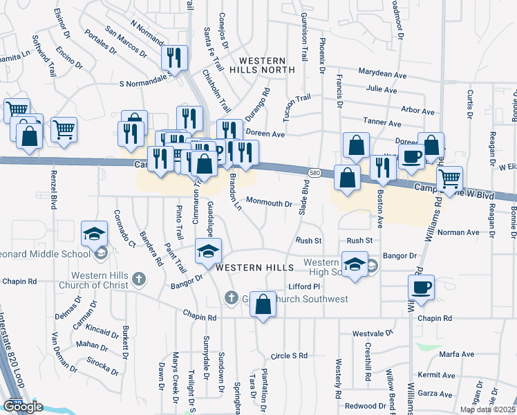 map of restaurants, bars, coffee shops, grocery stores, and more near 8408 Monmouth Drive in Fort Worth