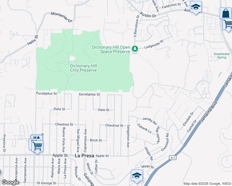 map of restaurants, bars, coffee shops, grocery stores, and more near 1708 San Bernardino Avenue in Spring Valley