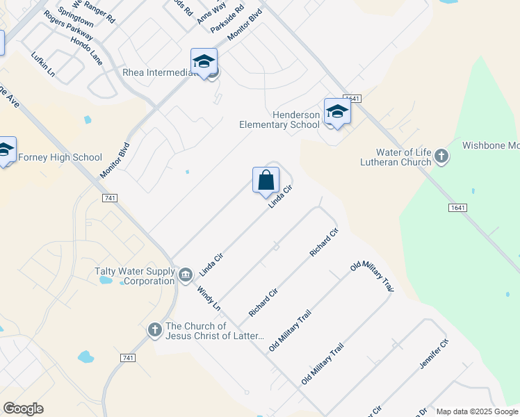 map of restaurants, bars, coffee shops, grocery stores, and more near 10323 Linda Circle in Forney