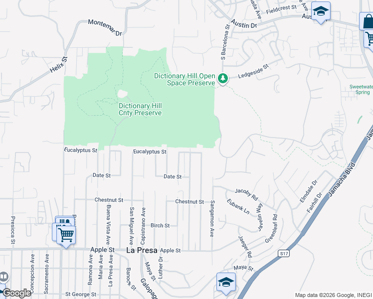 map of restaurants, bars, coffee shops, grocery stores, and more near 1708 San Bernardino Avenue in Spring Valley