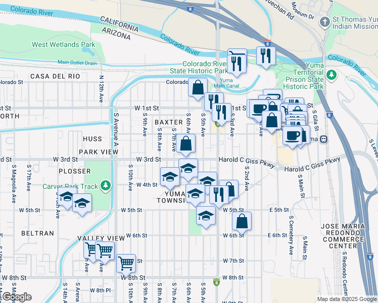 map of restaurants, bars, coffee shops, grocery stores, and more near 221-253 South 6th Avenue in Yuma