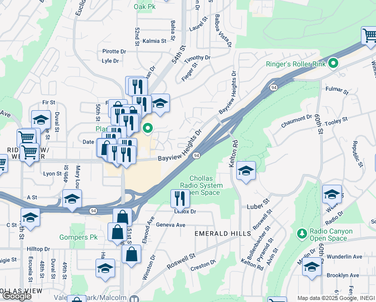 map of restaurants, bars, coffee shops, grocery stores, and more near 11 Bayview Heights Drive in San Diego
