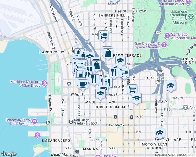 map of restaurants, bars, coffee shops, grocery stores, and more near 1661 Union Street in San Diego