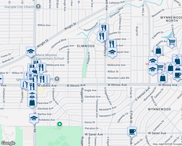 map of restaurants, bars, coffee shops, grocery stores, and more near 1631 Wilbur Street in Dallas