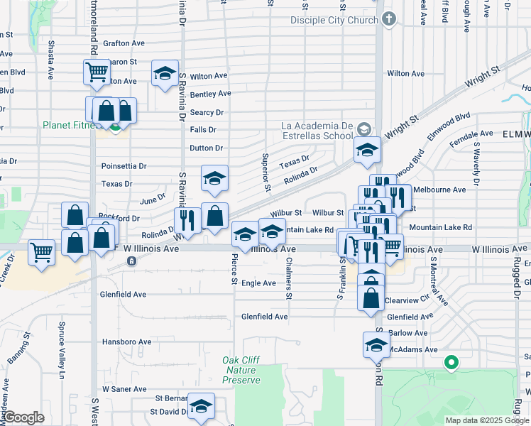 map of restaurants, bars, coffee shops, grocery stores, and more near 2708 Rolinda Drive in Dallas