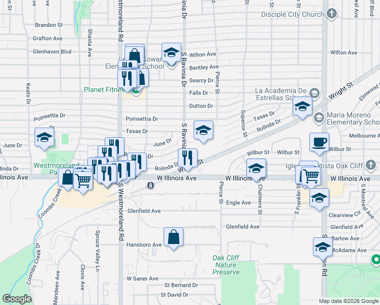map of restaurants, bars, coffee shops, grocery stores, and more near 2300 South Ravinia Drive in Dallas