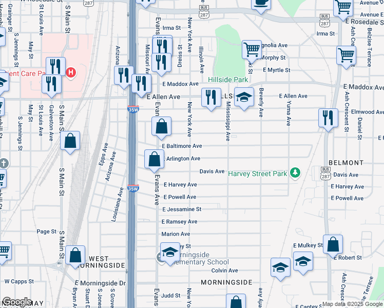 map of restaurants, bars, coffee shops, grocery stores, and more near 1000 East Baltimore Avenue in Fort Worth