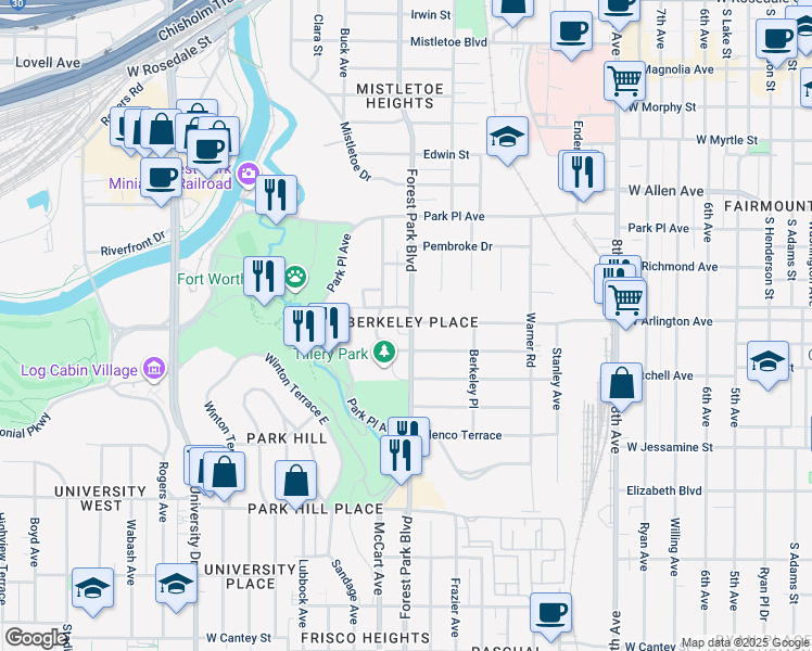 map of restaurants, bars, coffee shops, grocery stores, and more near 2005 Forest Park Boulevard in Fort Worth