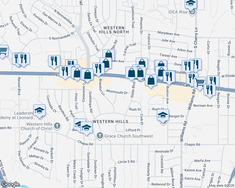 map of restaurants, bars, coffee shops, grocery stores, and more near 8320 Monmouth Drive in Fort Worth