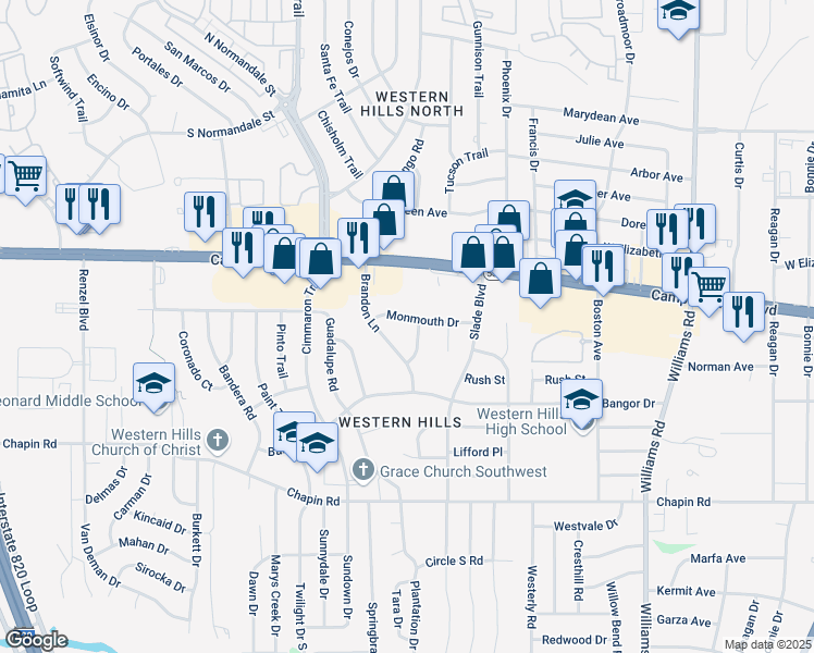 map of restaurants, bars, coffee shops, grocery stores, and more near 8408 Monmouth Drive in Fort Worth