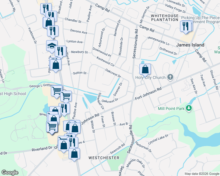 map of restaurants, bars, coffee shops, grocery stores, and more near 1167 Shoreham Road in Charleston