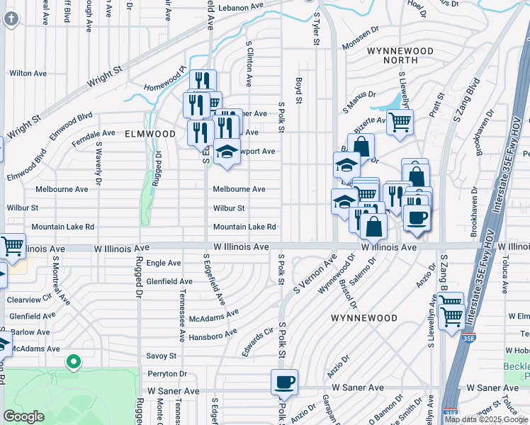 map of restaurants, bars, coffee shops, grocery stores, and more near 1122 Wilbur Street in Dallas