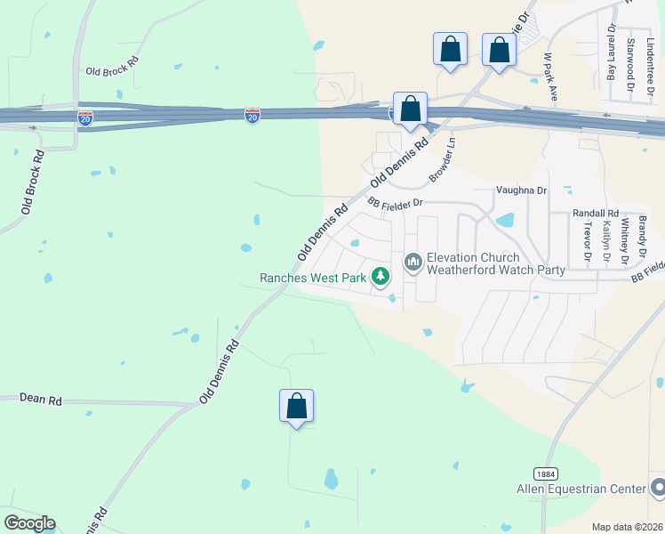 map of restaurants, bars, coffee shops, grocery stores, and more near 2419 Old Dennis Road in Weatherford