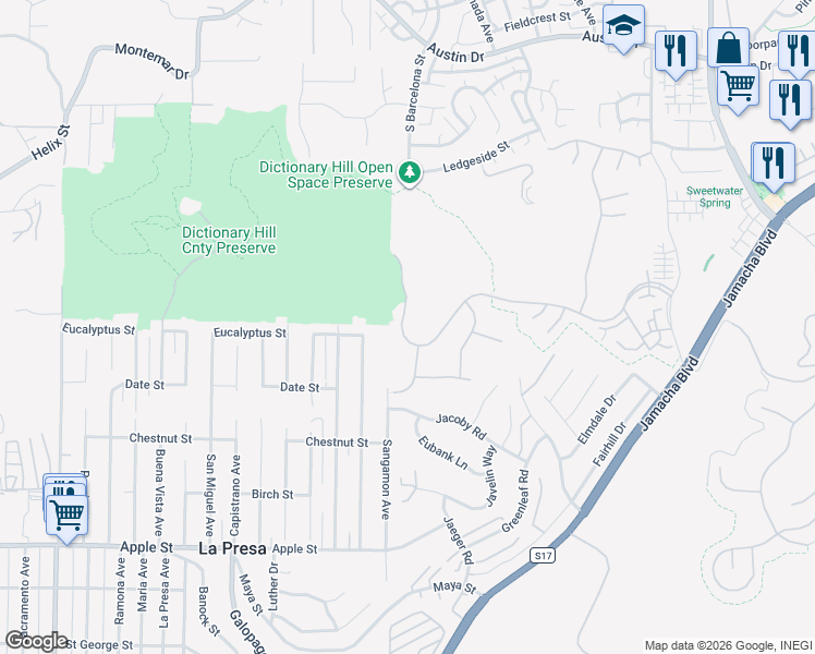 map of restaurants, bars, coffee shops, grocery stores, and more near 3037 Pointe Parkway in Spring Valley