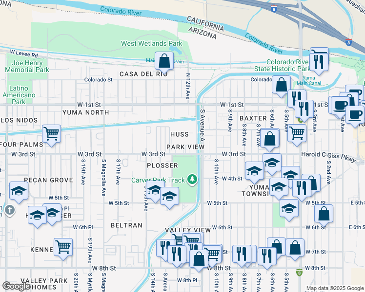 map of restaurants, bars, coffee shops, grocery stores, and more near 1210 West 3rd Street in Yuma
