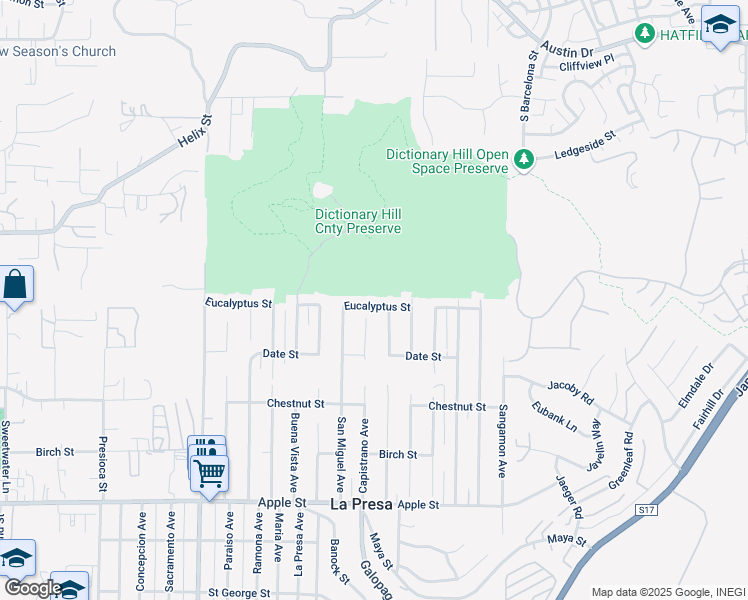 map of restaurants, bars, coffee shops, grocery stores, and more near 9648 Eucalyptus Street in Spring Valley