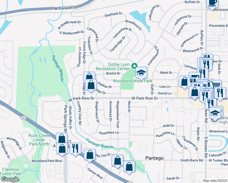 map of restaurants, bars, coffee shops, grocery stores, and more near 3408 Halifax Drive in Arlington