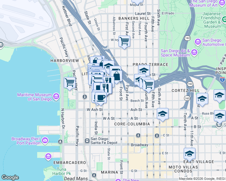 map of restaurants, bars, coffee shops, grocery stores, and more near 320 West Cedar Street in San Diego