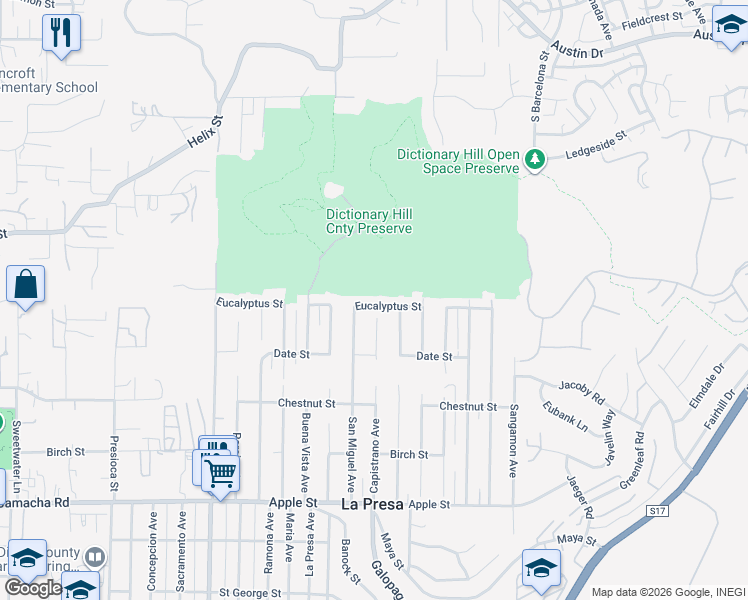 map of restaurants, bars, coffee shops, grocery stores, and more near 9602 Eucalyptus Street in Spring Valley