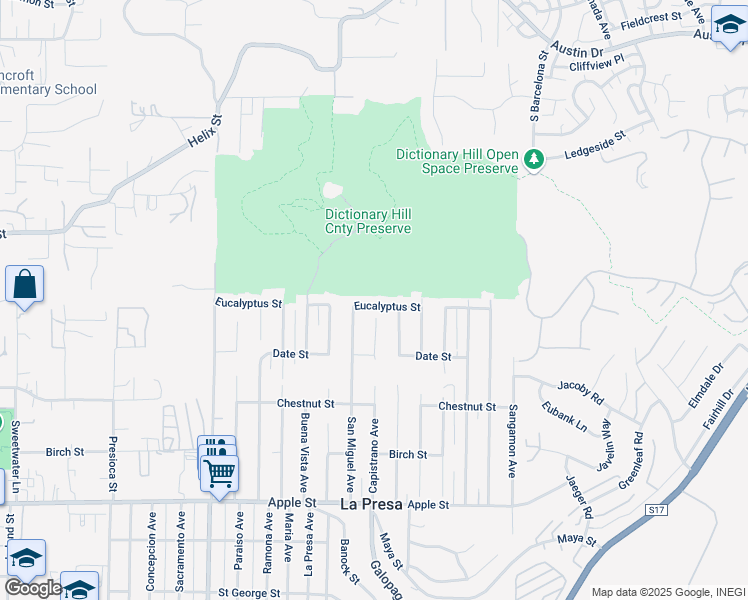 map of restaurants, bars, coffee shops, grocery stores, and more near 9626 Eucalyptus Street in Spring Valley