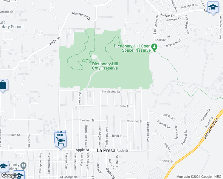 map of restaurants, bars, coffee shops, grocery stores, and more near 9648 Eucalyptus Street in Spring Valley