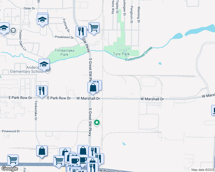 map of restaurants, bars, coffee shops, grocery stores, and more near 2400 West Marshall Drive in Grand Prairie