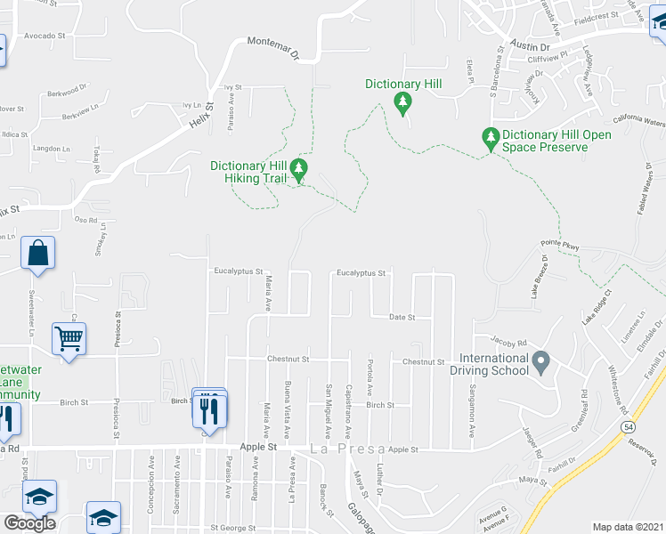 map of restaurants, bars, coffee shops, grocery stores, and more near 9602 Eucalyptus St in Spring Valley