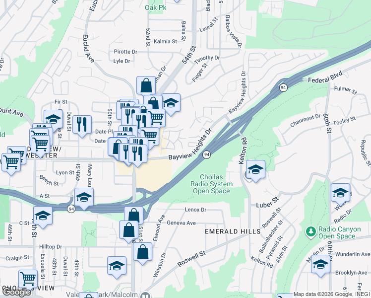 map of restaurants, bars, coffee shops, grocery stores, and more near 1651 Pentecost Way in San Diego