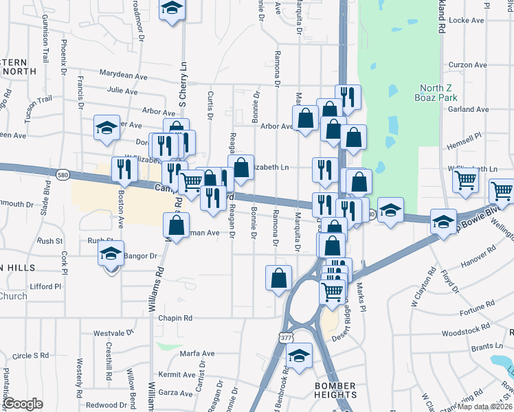 map of restaurants, bars, coffee shops, grocery stores, and more near 7525 Texas 580 Spur in Fort Worth