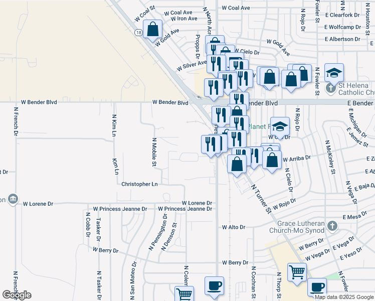 map of restaurants, bars, coffee shops, grocery stores, and more near 942 West Sunrise Circle in Hobbs