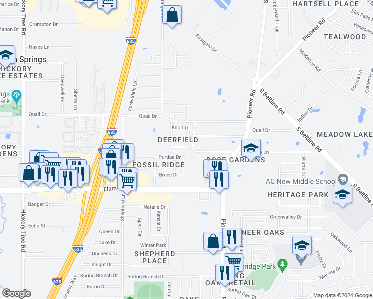 map of restaurants, bars, coffee shops, grocery stores, and more near 12832 Dove Field Lane in Balch Springs