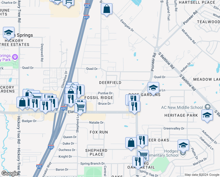 map of restaurants, bars, coffee shops, grocery stores, and more near 12812 Dove Field Lane in Balch Springs