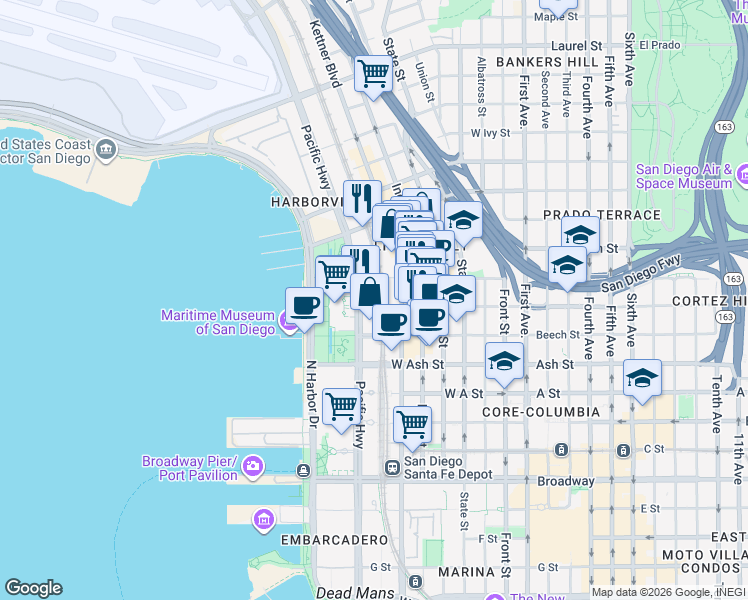map of restaurants, bars, coffee shops, grocery stores, and more near 1655 Pacific Highway in San Diego
