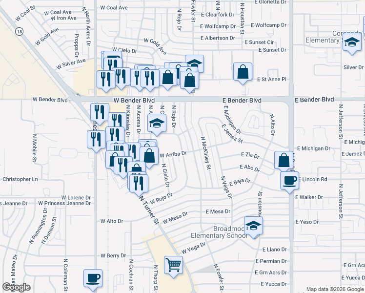 map of restaurants, bars, coffee shops, grocery stores, and more near in Hobbs