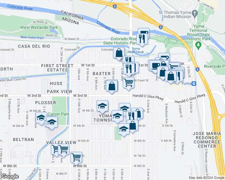 map of restaurants, bars, coffee shops, grocery stores, and more near 221-253 South 6th Avenue in Yuma