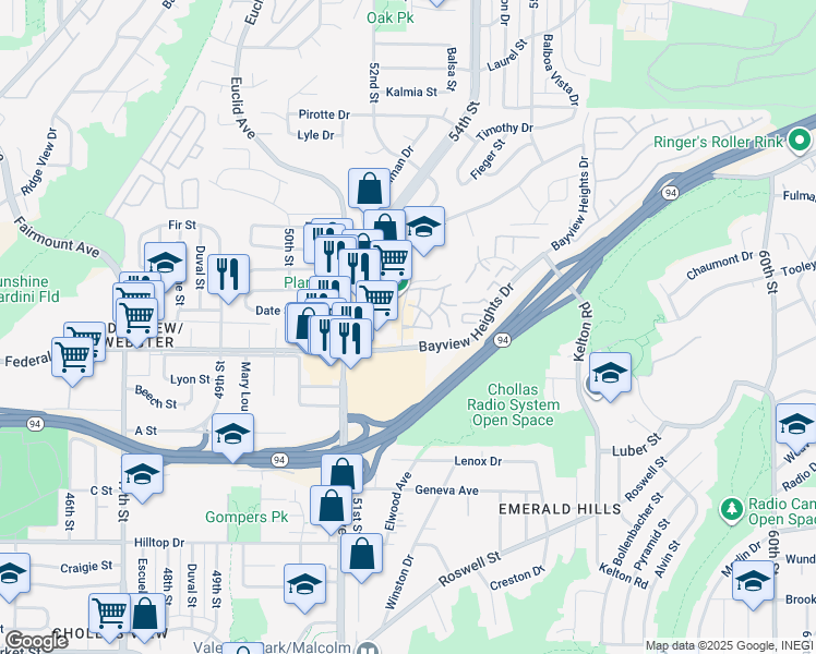 map of restaurants, bars, coffee shops, grocery stores, and more near 1625 Pentecost Way in San Diego