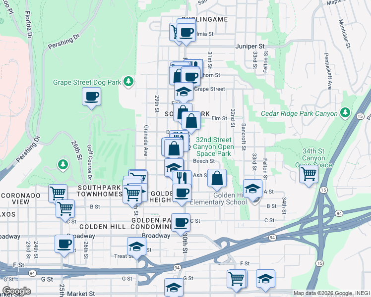 map of restaurants, bars, coffee shops, grocery stores, and more near 1605 Fern Street in San Diego