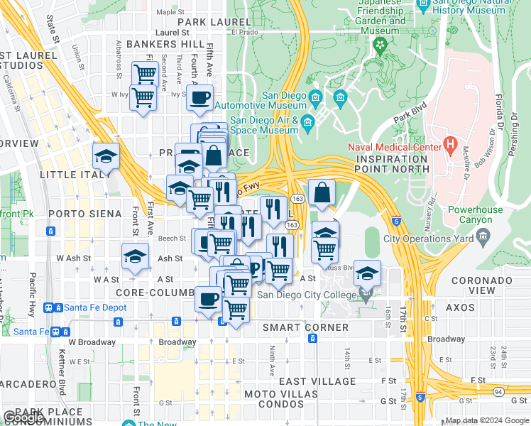 map of restaurants, bars, coffee shops, grocery stores, and more near in San Diego