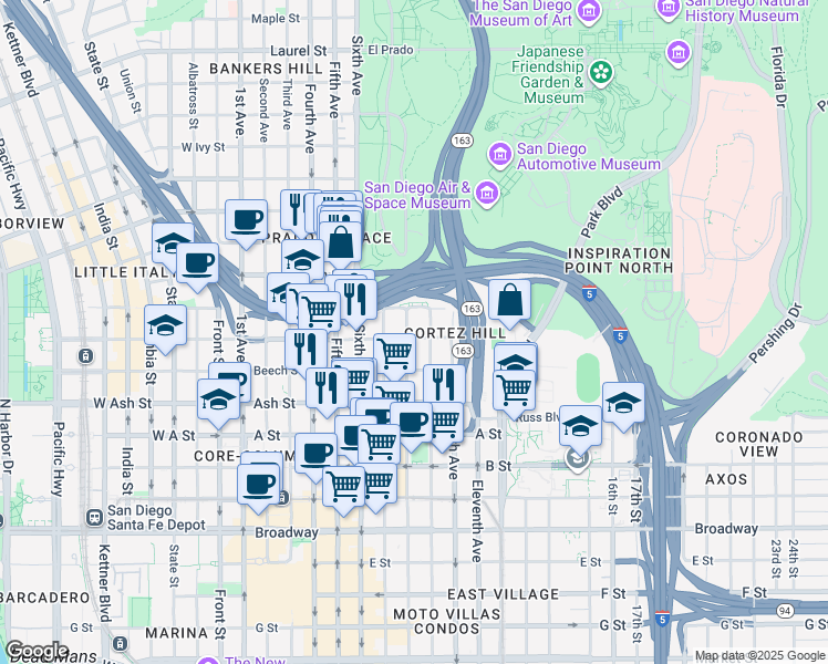 map of restaurants, bars, coffee shops, grocery stores, and more near in San Diego