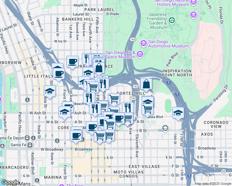map of restaurants, bars, coffee shops, grocery stores, and more near in San Diego