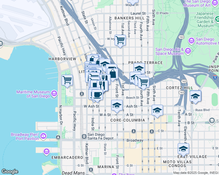 map of restaurants, bars, coffee shops, grocery stores, and more near 1631 State Street in San Diego