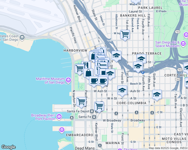map of restaurants, bars, coffee shops, grocery stores, and more near 1670 Kettner Boulevard in San Diego