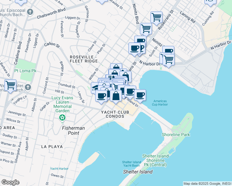 map of restaurants, bars, coffee shops, grocery stores, and more near 1220 Rosecrans Street in San Diego