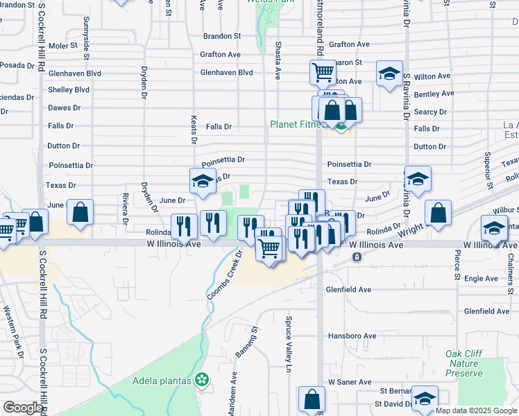 map of restaurants, bars, coffee shops, grocery stores, and more near 2316 Coombs Creek Drive in Dallas