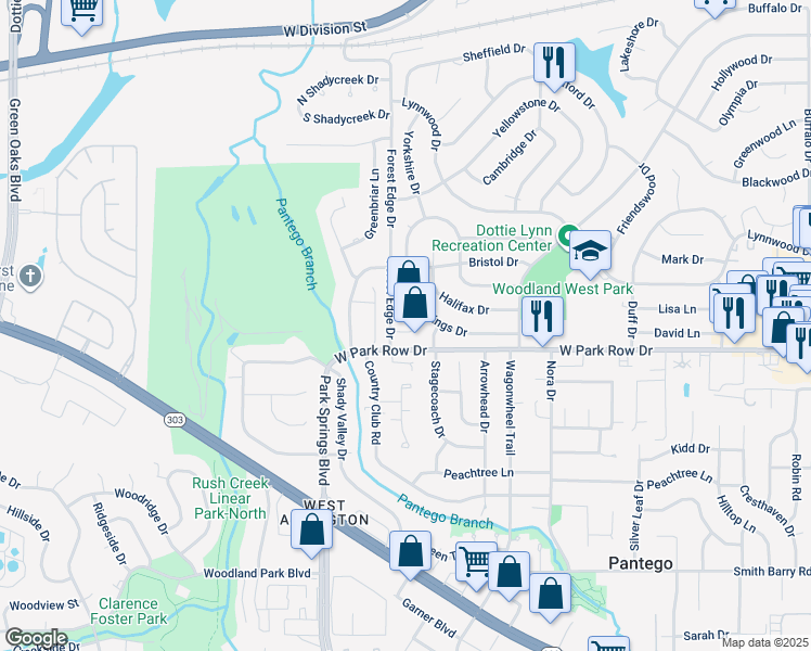 map of restaurants, bars, coffee shops, grocery stores, and more near 3608 Hastings Drive in Arlington