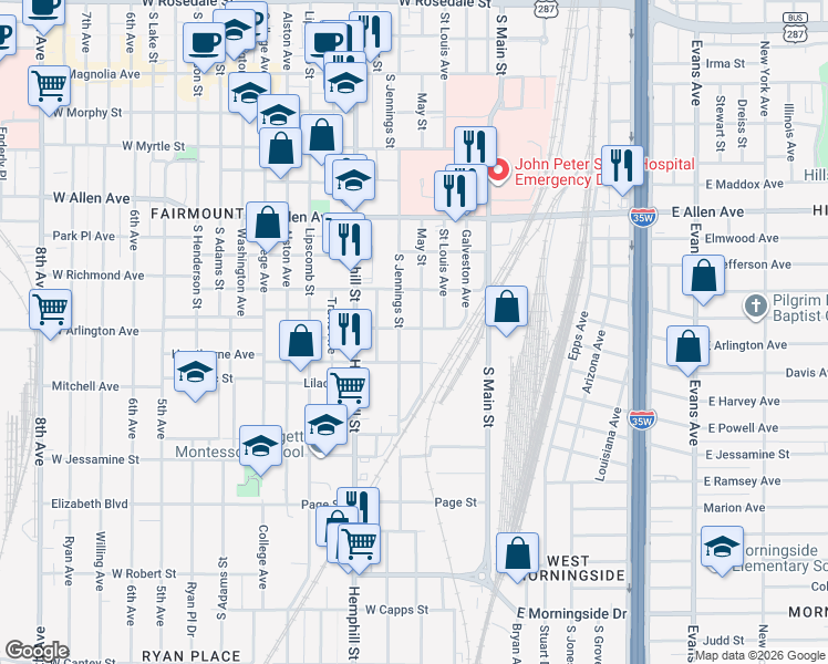 map of restaurants, bars, coffee shops, grocery stores, and more near 1928 West Arlington Avenue in Fort Worth