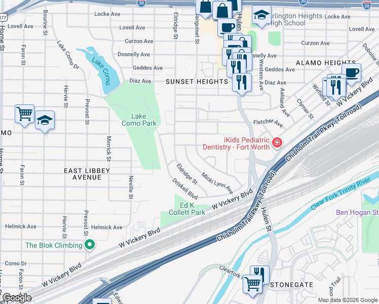 map of restaurants, bars, coffee shops, grocery stores, and more near 4805 Kilpatrick Avenue in Fort Worth